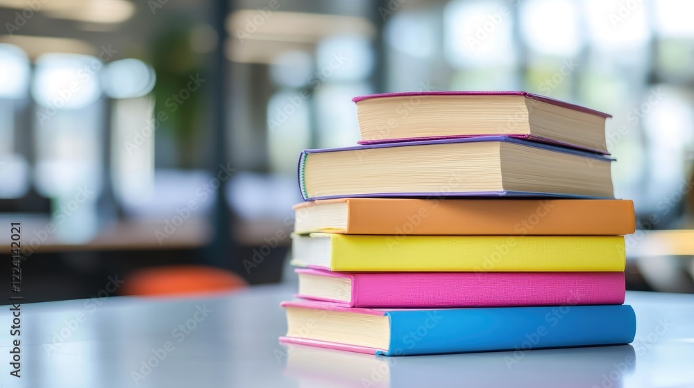 Poster a modern office workspace with colorful books neatly stacked on a clean desk, surrounded by minimal 