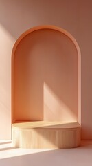 A podium made of light wood with rounded edges, positioned against a soft, neutral pastel-colored wall