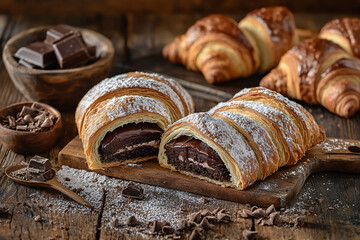 Delicious chocolate-filled croissants on a rustic wooden table with chocolate pieces and bowls in the background