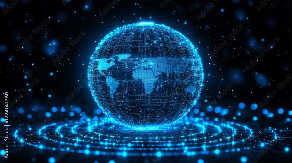 Poster a digital globe rendered in blue light, showcasing a network of connections and data points against 