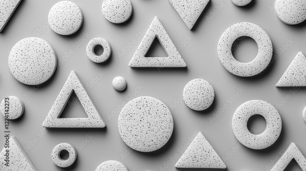 Poster Abstract geometric pattern of white speckled circles and triangles on grey background.