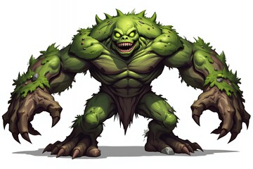 Fototapeta premium Powerful Green Moss Monster Fantasy Creature Game Asset Digital Illustration Aggressive Stance