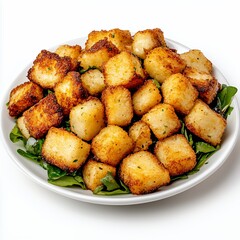 Plate of crispy golden-brown fried tofu cubes served on fresh arugula bed for a delicious vegetarian meal
