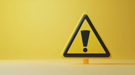 A 3D cartoon triangular warning sign with a bold black exclamation mark and yellow background, floating on a clean white surface