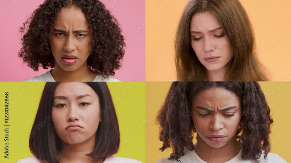 Poster this collage features four people displaying various emotions against solid colored backgrounds. eac