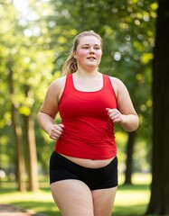 Fototapeta premium over weight young woman jogging in city park . weight loss concept . ai generative 