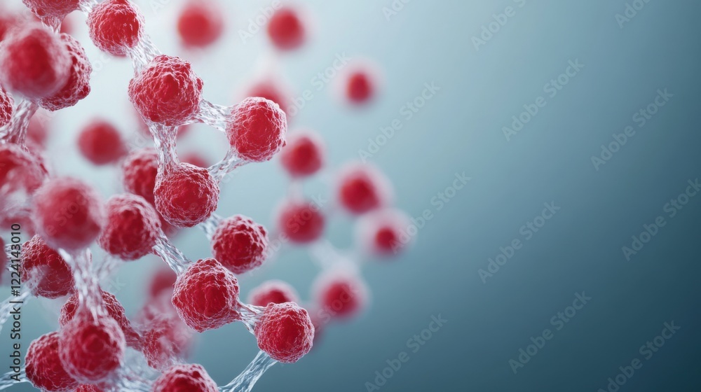 Poster molecular structure with red spheres on a soft blue background representing scientific concepts and 