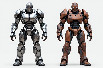 Fototapeta premium Futuristic Armored Robots Silver and Bronze Metal Sci Fi Characters Standing Poses 3D Render