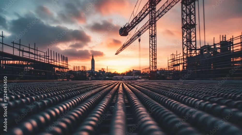 Poster a perspective view of metal bars extending toward a crane, with a dusky sky in the background, creat
