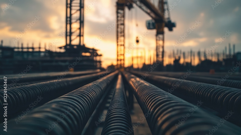 Poster a perspective view of metal bars extending toward a crane, with a dusky sky in the background, creat