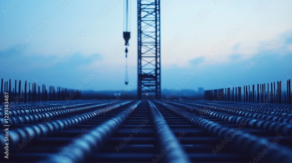 Poster a perspective view of metal bars extending toward a crane, with a dusky sky in the background, creat