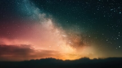 Naklejka premium Stunning Night Sky Over Mountains with Milky Way and Colorful Cosmic Clouds Background
