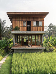 An old wooden house in a garden park surrounded by trees, grass, and natural landscapes, with a traditional design and a roof, reflecting the charm of summer and spring in a village setting