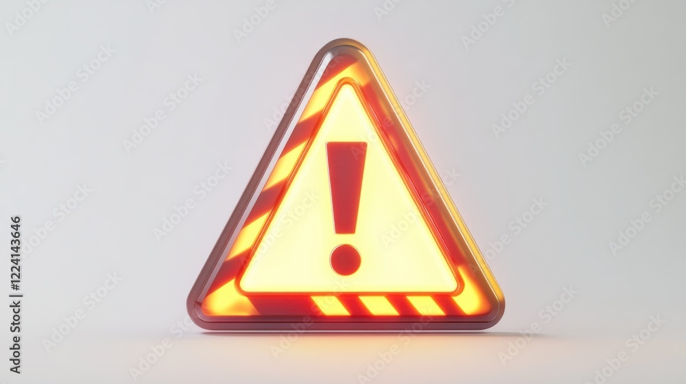 Poster a dynamic 3d triangle warning sign with glowing exclamation mark and bold hazard stripes in a vibran