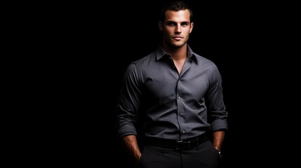 A Portrait of a Confident Man in a Gray Dress Shirt Against a Black Background,  Dark Moody Fashion Photography