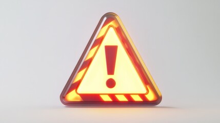 A dynamic 3D triangle warning sign with glowing exclamation mark and bold hazard stripes in a vibrant cartoon style, on white