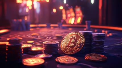 A poker table filled with Bitcoin coins and chips, illuminated by dramatic casino lighting, creating a suspenseful and electrifying gambling vibe