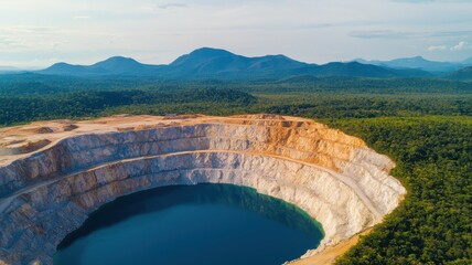 Aerial view of open-pit mine lush green landscape natural resource extraction scenic mountains industrial impact