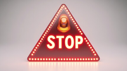 A dynamic 3D-rendered triangular warning sign with bold text "STOP" in a cartoon style and glowing hazard icons, on white