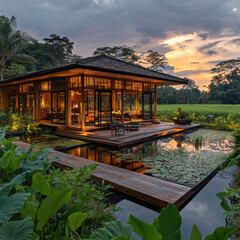 A wooden pavilion in a summer garden by the lake with trees, water, and a peaceful European landscape