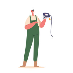 Man in Worker Overalls Stands with Grinder Tool in Hands, Carefully Examining Before Making A Decision To Purchase