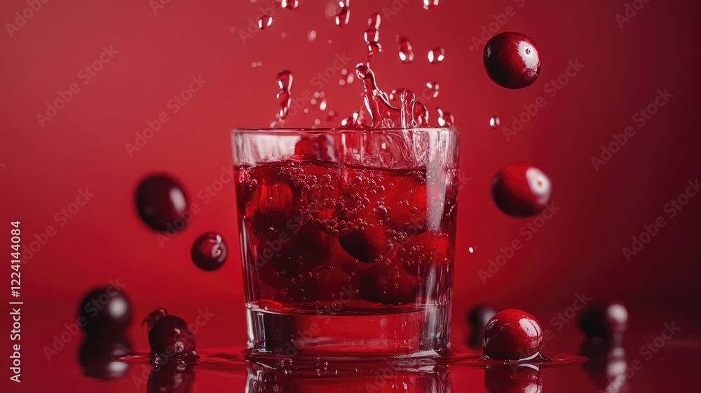 Poster A rich cranberry syrup cascading into a glass, captured in motion on a simple, minimalist backdrop, highlighting the texture and deep red color