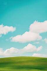 Fototapeta premium Serene Blue Sky with White Clouds, Lush Green Grass Field and Copy Space in Minimalistic 2.5D Effect
