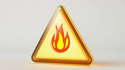 A fun 3D triangular warning sign with a bold cartoon-style fire icon and glossy yellow surface, floating on a clean white background