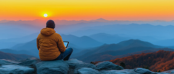 Obraz premium Person enjoying a sunrise view from mountain top with tablet
