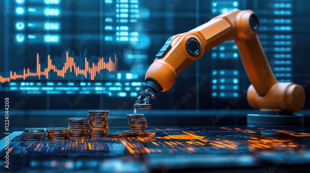 Poster A robotic arm assembling coins on a high-tech platform, with digital data and financial graphs in the background, representing the future of automated finance