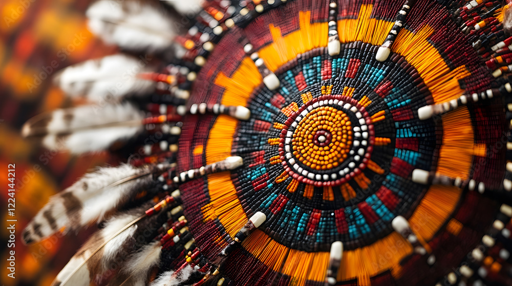 Poster Vibrant Handmade Beaded Artwork with Intricate Feather Details and Rich Tapestry : Generative AI