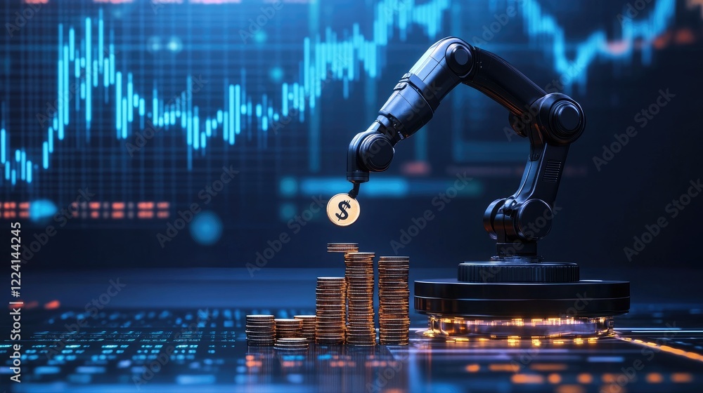 Poster A robotic arm assembling coins on a high-tech platform, with digital data and financial graphs in the background, representing the future of automated finance