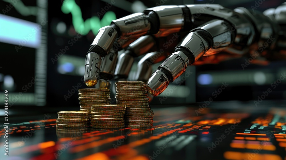 Aufkleber A robotic hand grasping a stack of coins with a vibrant background of financial data and charts, emphasizing the merging of robotics and finance