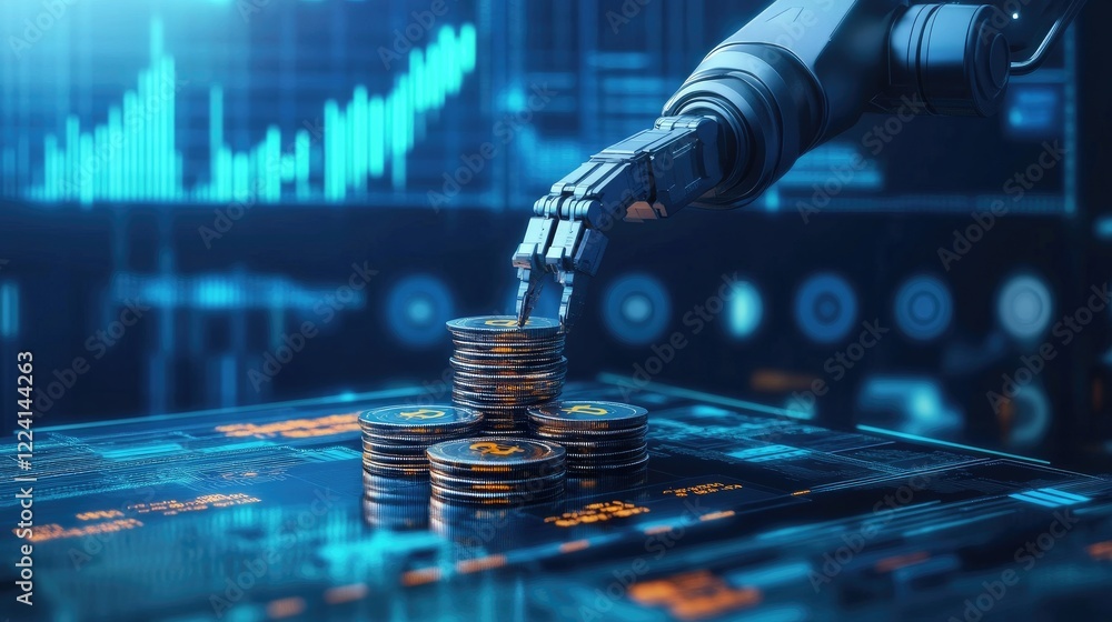 Poster A robotic arm assembling coins on a high-tech platform, with digital data and financial graphs in the background, representing the future of automated finance