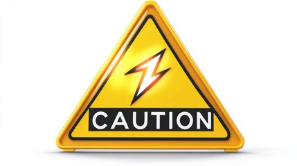 A fun 3D yellow triangle warning sign with bold black "CAUTION" text and glowing cartoon-style lightning icon, on white
