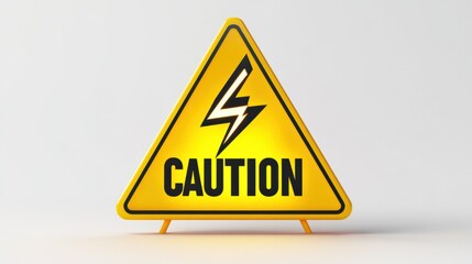 A fun 3D yellow triangle warning sign with bold black "CAUTION" text and glowing cartoon-style lightning icon, on white