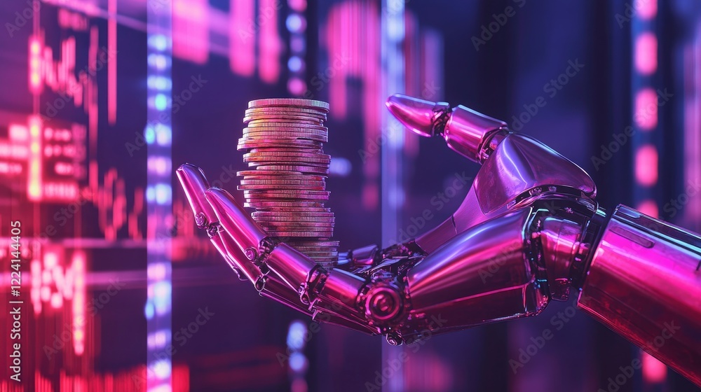 Poster A robotic hand holding a stack of coins, set against a dynamic backdrop of financial charts and data, symbolizing the future of automated financial transactions