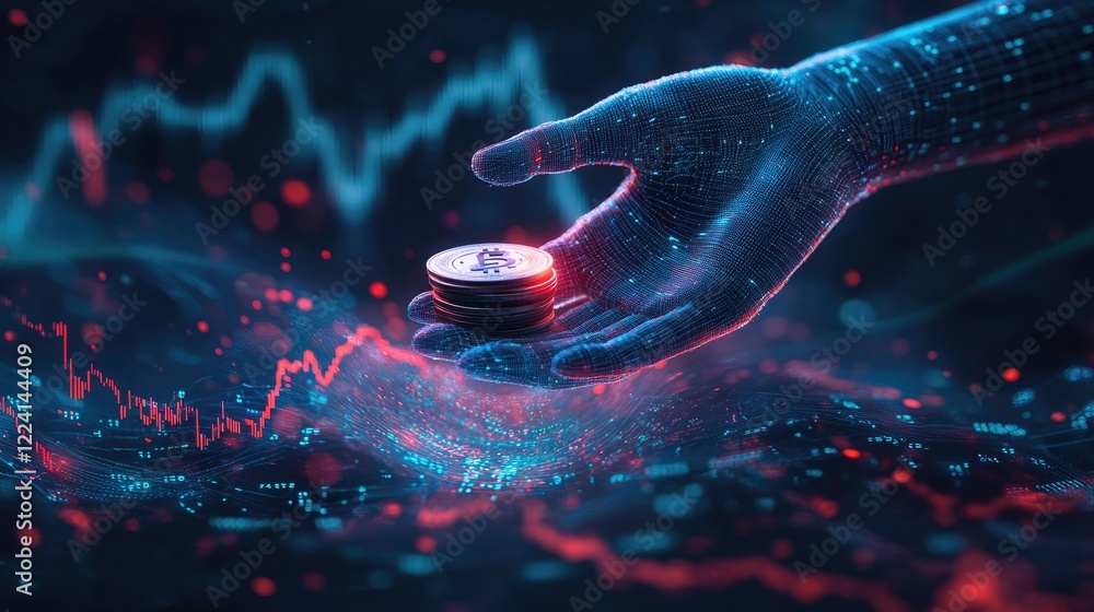 Poster A robotic hand holding a stack of coins, set against a dynamic backdrop of financial charts and data, symbolizing the future of automated financial transactions