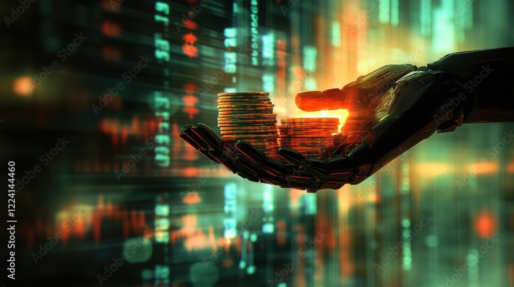 Poster A robotic hand holding a stack of coins, set against a dynamic backdrop of financial charts and data, symbolizing the future of automated financial transactions