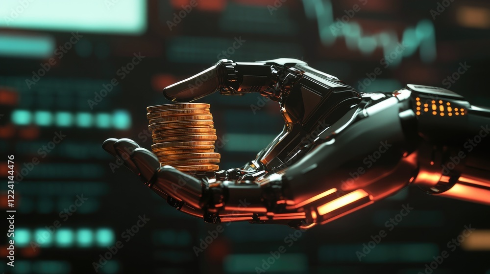 Poster A robotic hand holding a stack of coins, set against a dynamic backdrop of financial charts and data, symbolizing the future of automated financial transactions