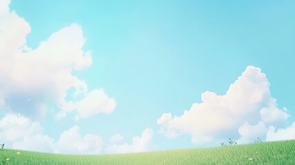 Serene Blue Sky with White Clouds, Lush Green Grass Field and Copy Space in Minimalistic 2.5D Effect