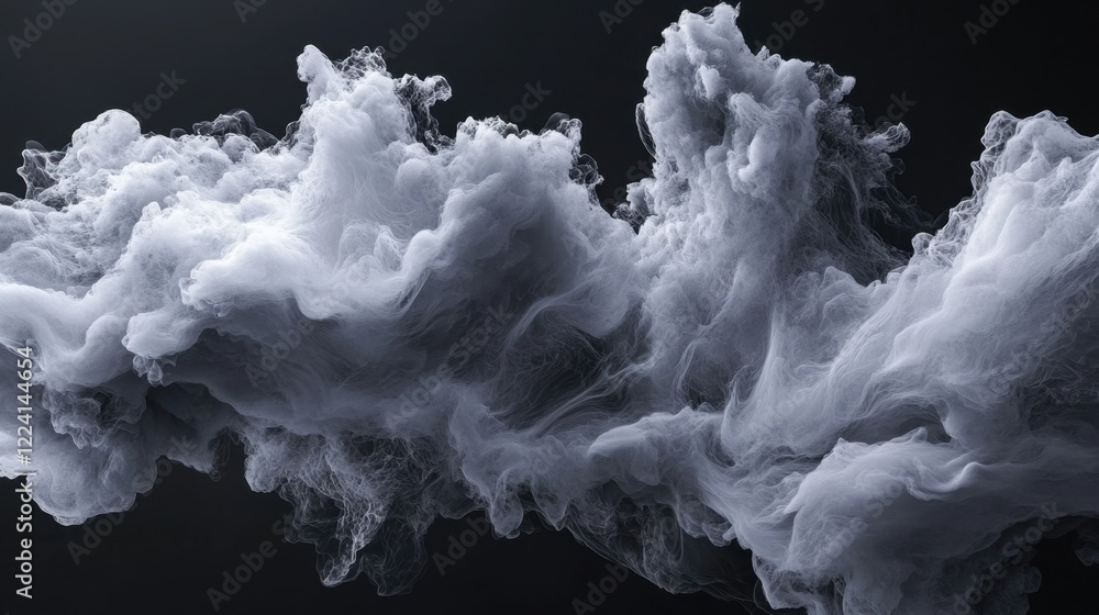 Poster ethereal white smoke clouds on a dark background with soft flowing curves and movement