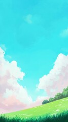 Fototapeta premium Serene Blue Sky with White Clouds, Lush Green Grass Field and Copy Space in Minimalistic