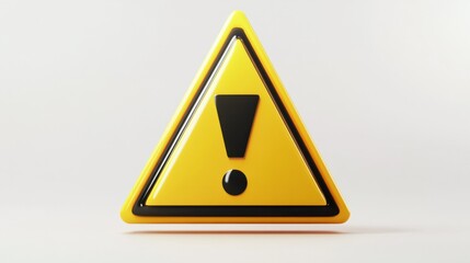 A modern 3D triangle warning sign with bold black exclamation icon, rendered in a clean cartoon style, floating on a white background