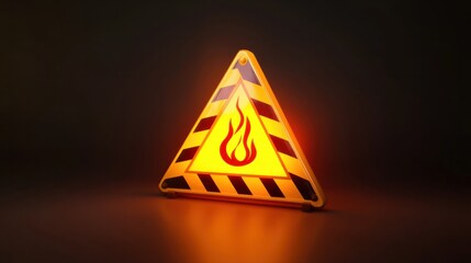 A playful 3D yellow triangle warning sign with bold hazard stripes and glowing cartoon-style fire symbol, isolated on a clean background