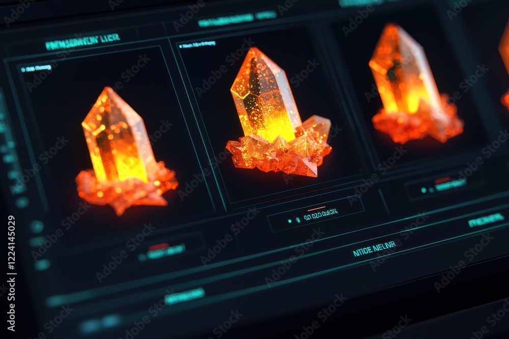 Poster glowing crystal showcase digital environment product display high-tech space close-up view sci-fi co