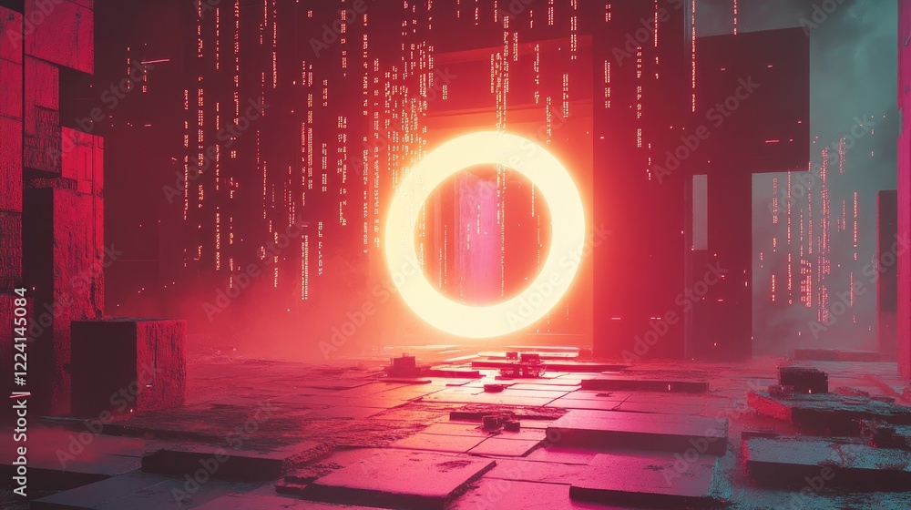 Poster A sci-fi digital environment with floating code and a glowing portal leading into a futuristic digital dimension, symbolizing advanced technology and virtual worlds