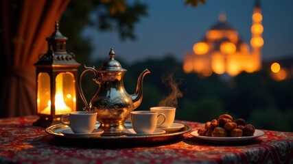 Muslim food on the table, hot tea, dates on the table, Muslim mosque in the background, festive atmosphere