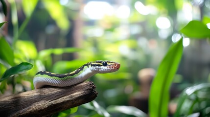 Green tree python resting on branch, lush tropical foliage background, terrarium setting, reptile pet photography