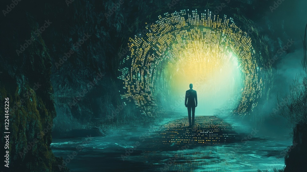 Poster a sci-fi world with floating binary code and a radiant entrance to a digital dimension, offering a g
